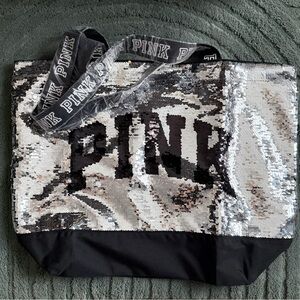 PINK Victoria's Secret Silver and Black Sequin Weekender Tote Bag